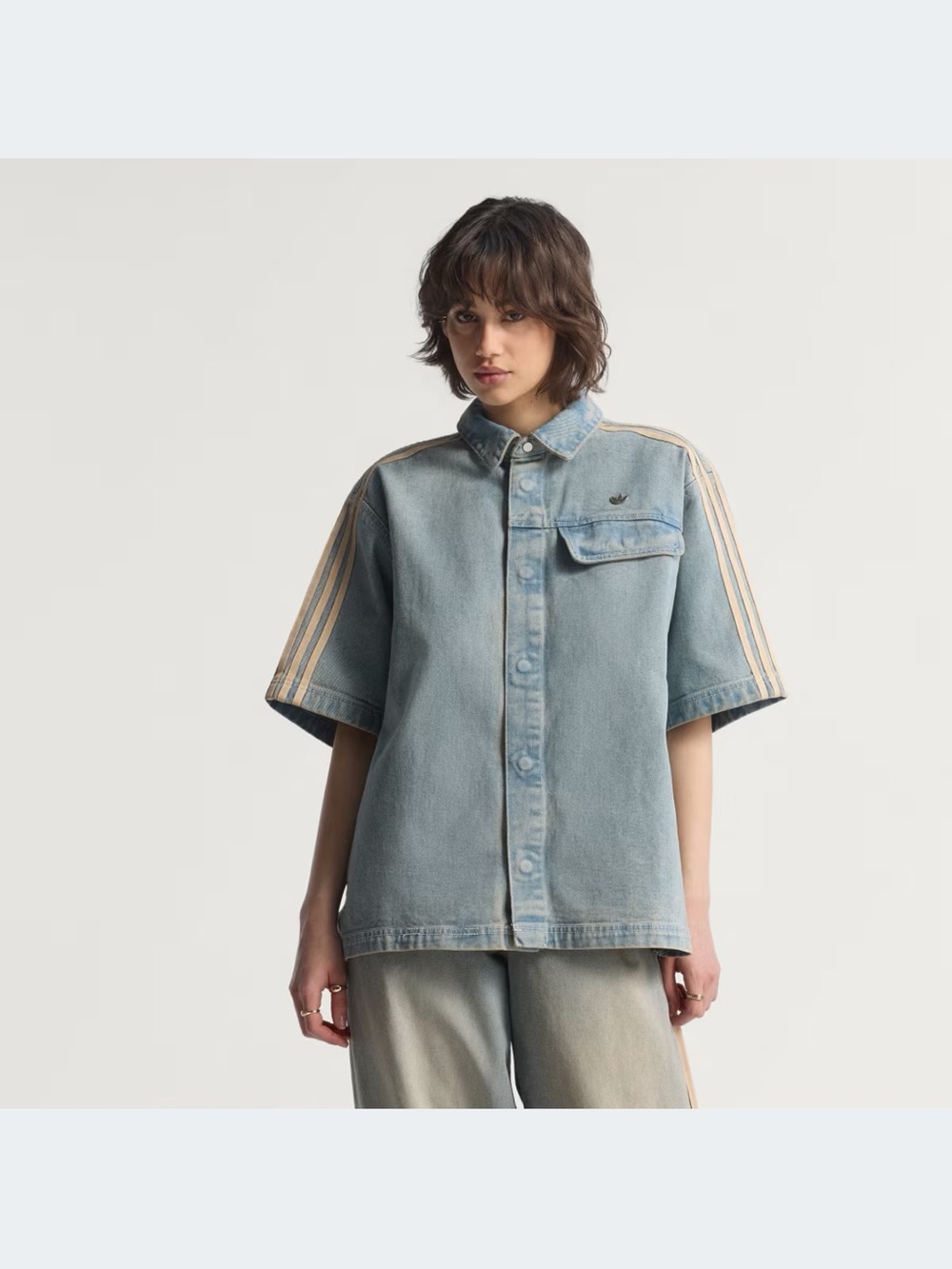 adidas Faded Blue Denim Short-Sleeve Button-Up with Cream Stripes